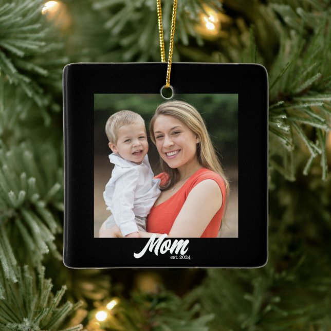 Mom Established Black White Script Photo Ceramic Ornament (Tree)