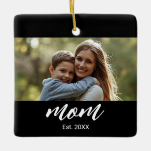 Mom Established Black White Script Photo Ceramic Ornament