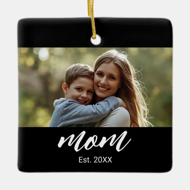 Mom Established Black White Script Photo Ceramic Ornament (Front)