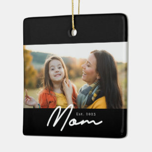 Mom Established Black White Script Photo Ceramic Ornament