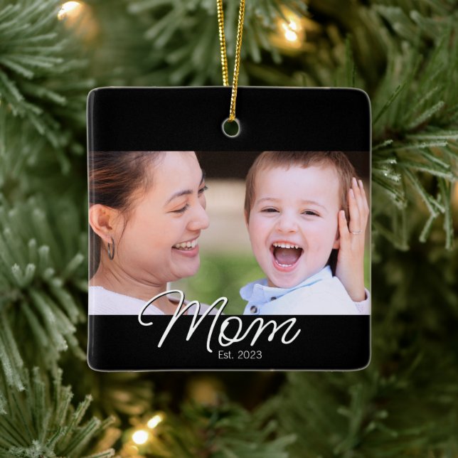 Mom Established Black White Script Photo Ceramic Ornament (Tree)