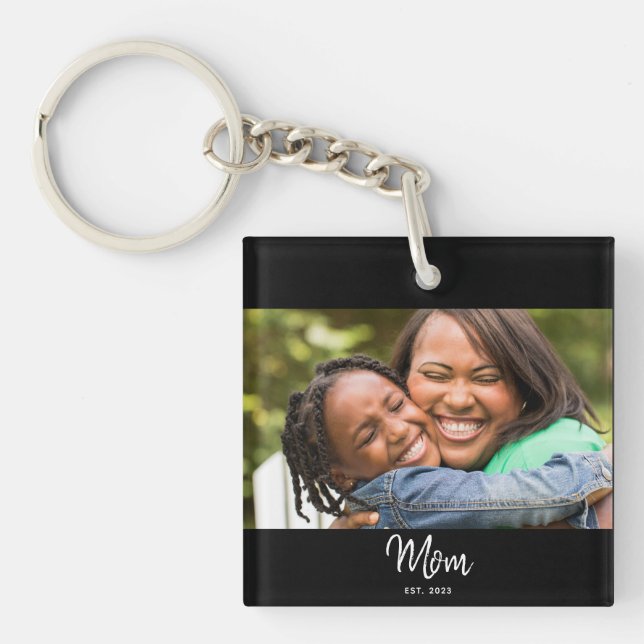 Mom Established Black White Script Photo Keychain (Front)