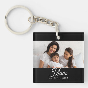 Mom Established Black White Script Photo Keychain