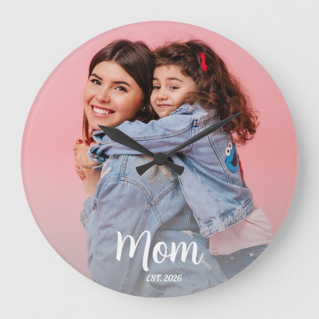 Mom Established Black White Script Photo  Large Clock (Front)