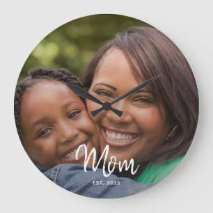 Mom Established Black White Script Photo Large Clock