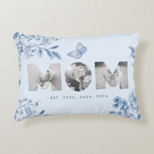 Mom Established Blue Toile Botanical 3 Photo Gift Accent Pillow