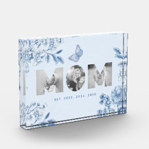Mom Established Blue Toile Botanical 3 Photo Gift Block