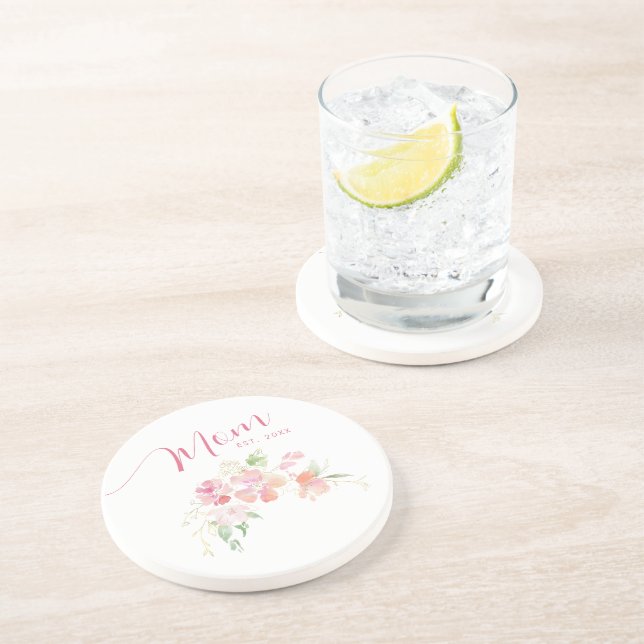 Mom Established Blush Pink Floral Watercolor Coaster (Side)