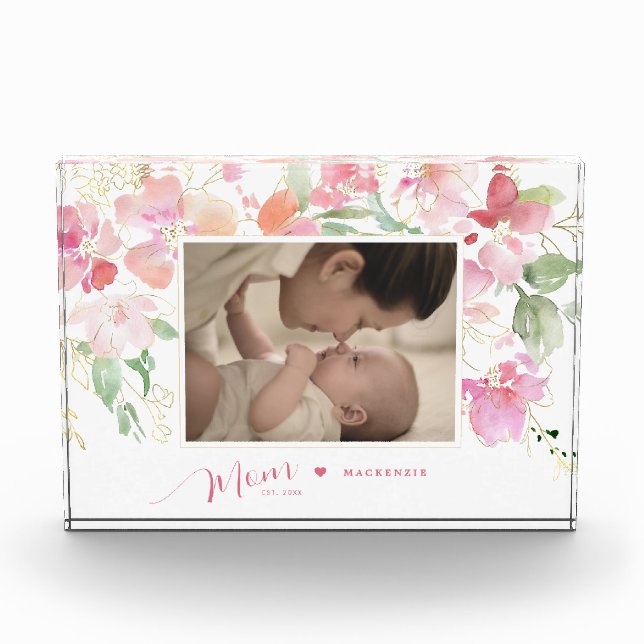 Mom Established Blush Pink Floral Watercolor Photo Block (Front)