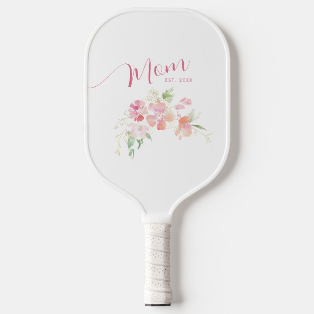Mom Established Blush Pink Floral Watercolor Pickleball Paddle (Front)
