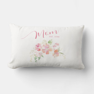 Mom Established Blush Pink Floral Watercolor White Lumbar Pillow