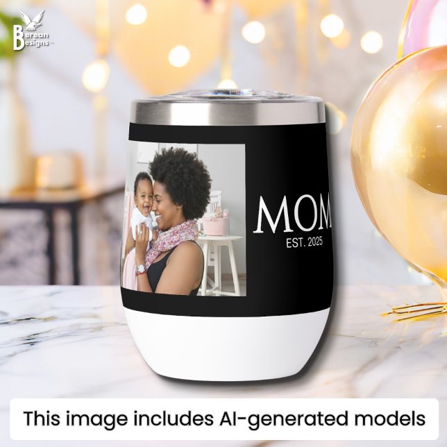 Mom Established Caps Black Photo (Mom Established wine tumbler with customizable photo and text. Ideal new mom gift Matching available)