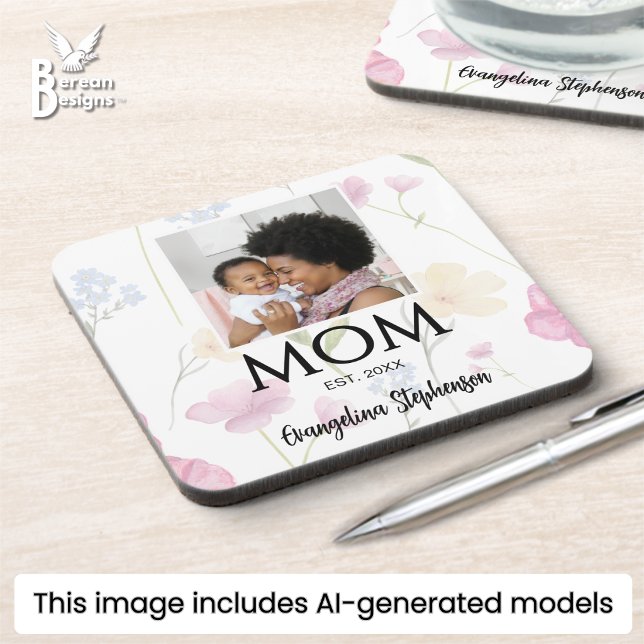 Mom Established Caps Wildflower Journal Coaster (Pretty wildflower MOM ESTABLISHED photo coaster with custom name and year. Ideal Mother's Day gift.)