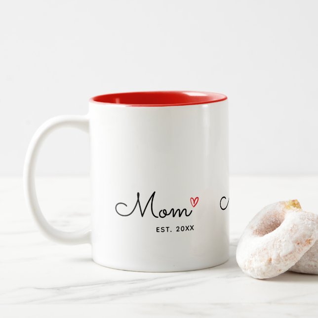 Mom Established Cute Script Red Heart Two-Tone Coffee Mug (With Donut)