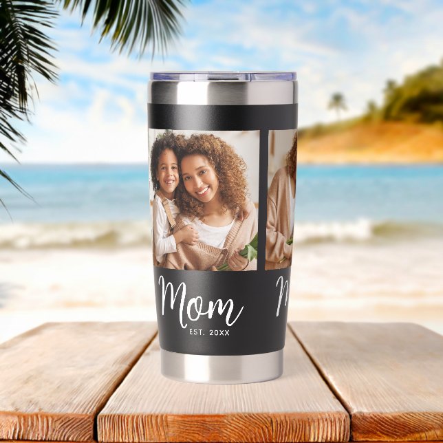 Mom Established Date 3 Photo White Script on Black Insulated Tumbler (Beach (Rotated))
