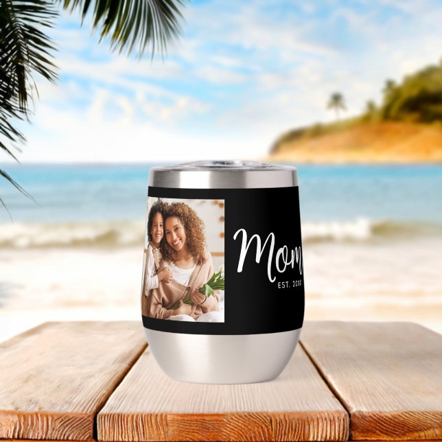 Mom Established Date Black Photo White Script Gift (Beach (Rotated))