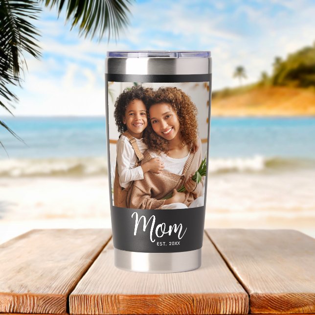Mom Established Date Black Photo White Script Gift Insulated Tumbler (Beach (Rotated))