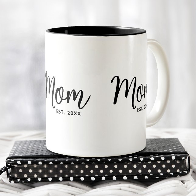 Mom Established Date Black Script New Mom Gift Fun Two-Tone Coffee Mug (Creator Uploaded)