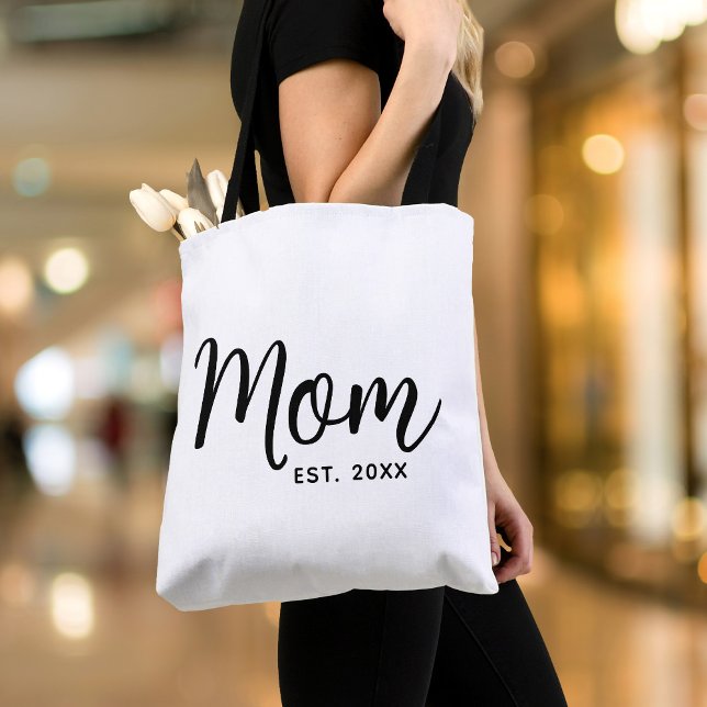 Mom Established Date Black Script New Mom Gift Tote Bag (Creator Uploaded)