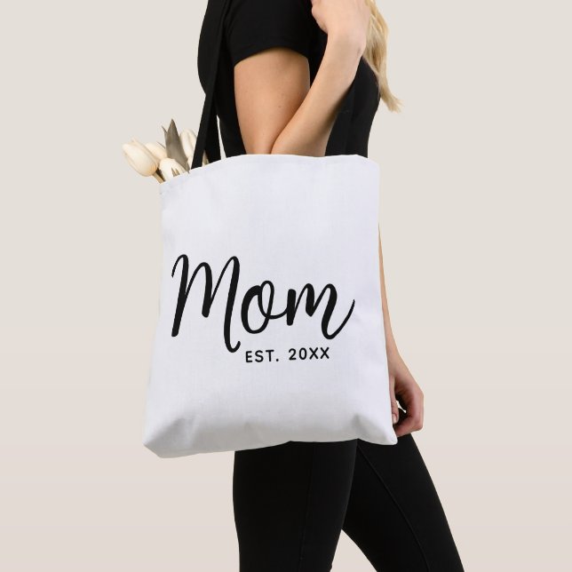 Mom Established Date Black Script New Mom Gift Tote Bag (Close Up)