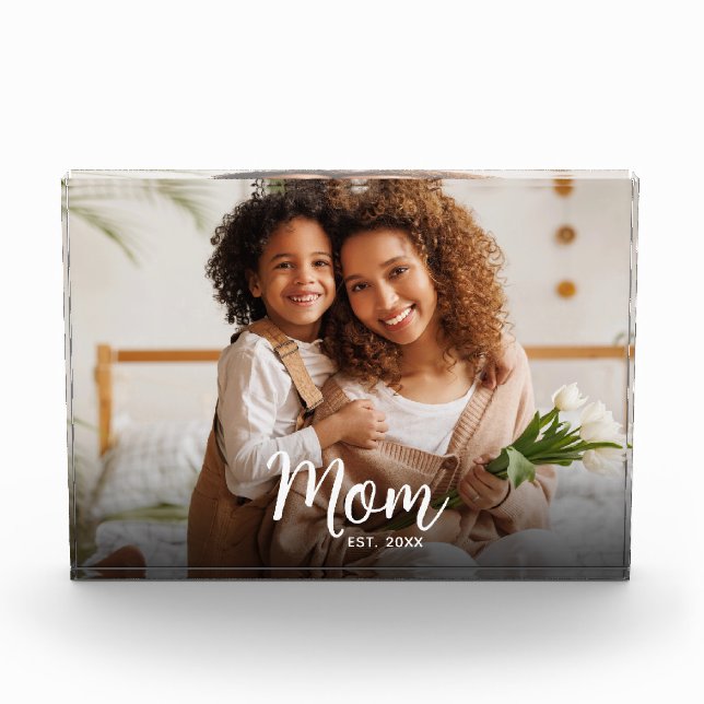 Mom Established Date Custom White Script Modern Photo Block (Front)