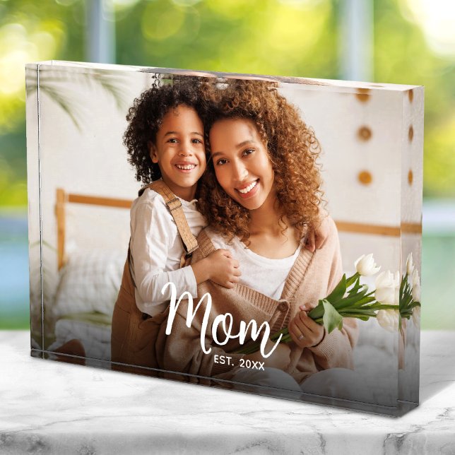 Mom Established Date Custom White Script Modern Photo Block (Creator Uploaded)