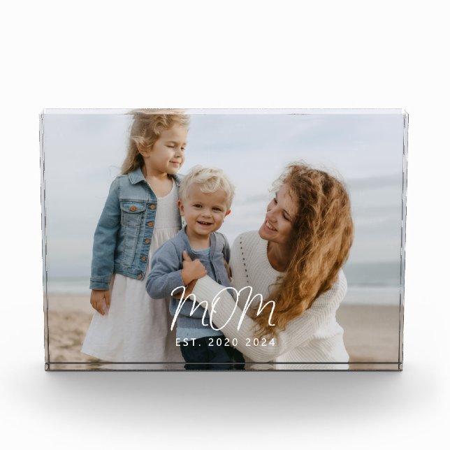 Mom Established Date Est  White Modern Script Photo Block (Front)