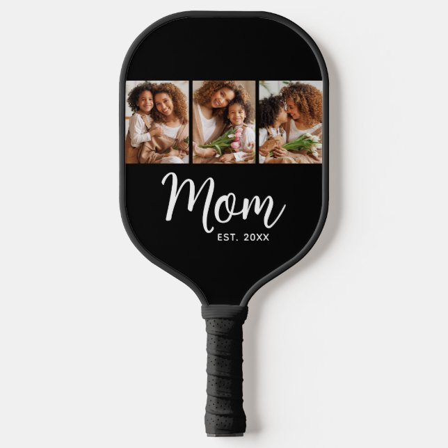 Mom Established Date Fun Script on Black 3 Photo Pickleball Paddle (Front)