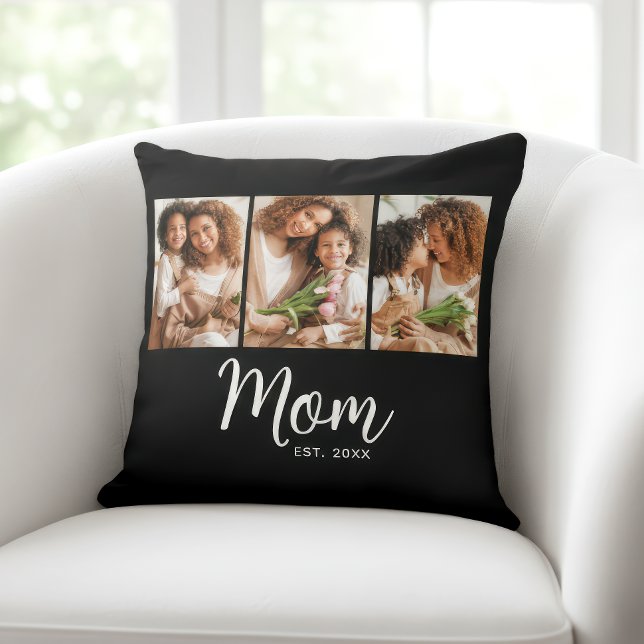 Mom Established Date Stylish Script Black 3 Photo Throw Pillow (Creator Uploaded)