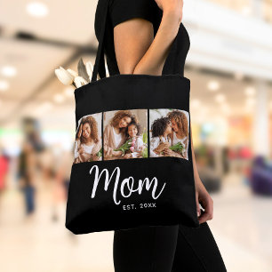 Mom Established Date White Script Black 3 Photo Tote Bag