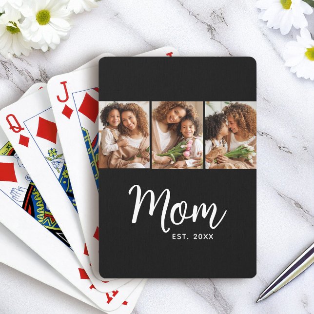 Mom Established Date White Script on Black 3 Photo Playing Cards (Creator Uploaded)