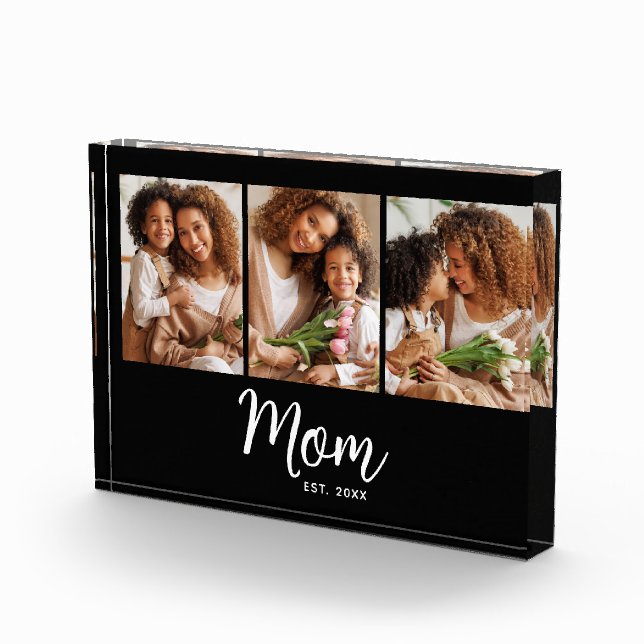 Mom Established Date White Script on Black Modern Photo Block (Right)