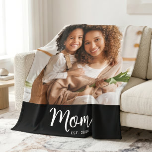 Mom Established Date White Script on Black Photo Fleece Blanket