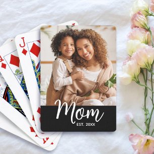 Mom Established Date White Script on Black Photo Playing Cards