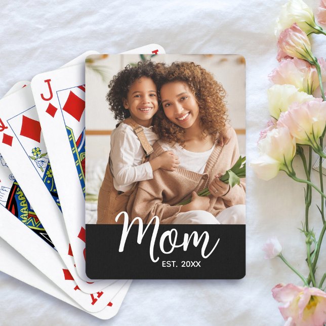 Mom Established Date White Script on Black Photo Playing Cards (Creator Uploaded)