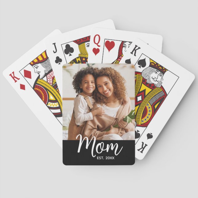 Mom Established Date White Script on Black Photo Playing Cards (Back)