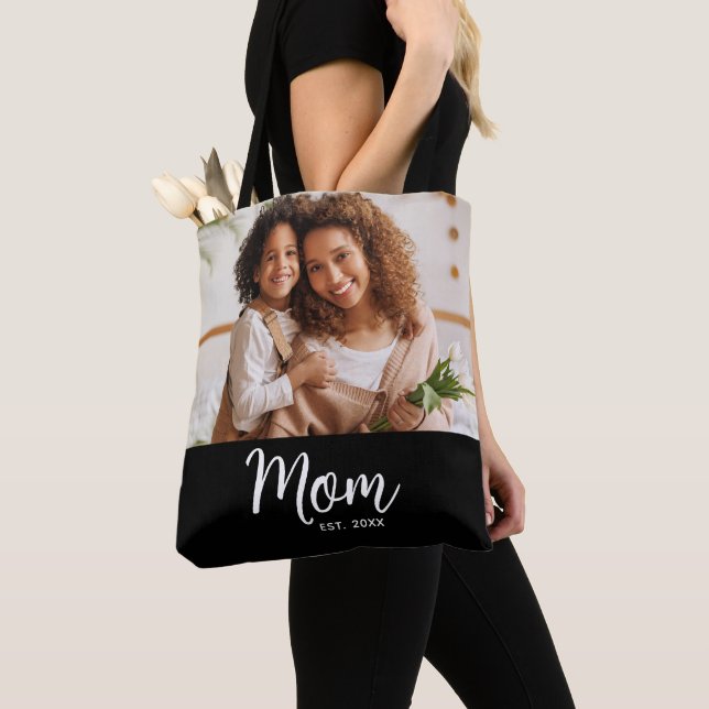 Mom Established Date White Script Photo on Black  Tote Bag (Close Up)