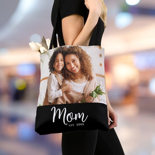 Mom Established Date White Script Photo on Black  Tote Bag (Creator Uploaded)