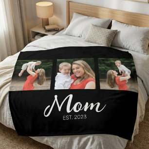 Mom Established Elegabt Script Black 3 Photo Fleece Blanket