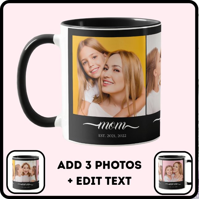Mom Established Elegan Script Font Black 3 Photo Mug (Creator Uploaded)