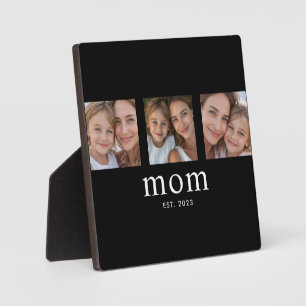 Mom Established Elegant Modern Black 3 Photo Plaque