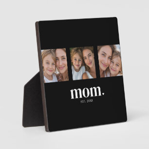 Mom Established Elegant Modern Black 3 Photo Plaque