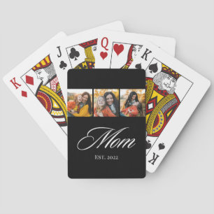 Mom Established Elegant Script 3 Photo Playing Cards