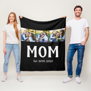 Mom Established Elegant Script Black 3 Photo Fleece Blanket