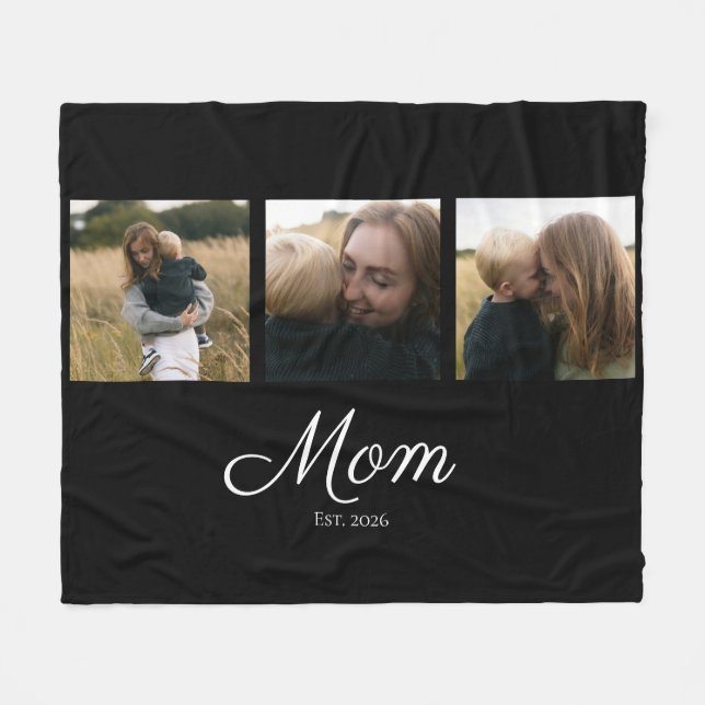 Mom Established Elegant Script Black 3 Photo Fleece Blanket (Front (Horizontal))