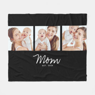 Mom Established Elegant Script Black 3 Photo Fleece Blanket