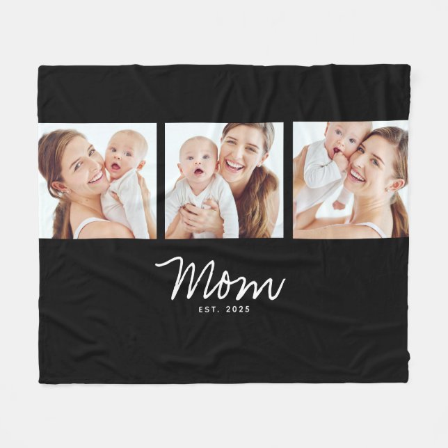 Mom Established Elegant Script Black 3 Photo Fleece Blanket (Front (Horizontal))