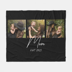 Mom Established Elegant Script Black 3 Photo Fleece Blanket