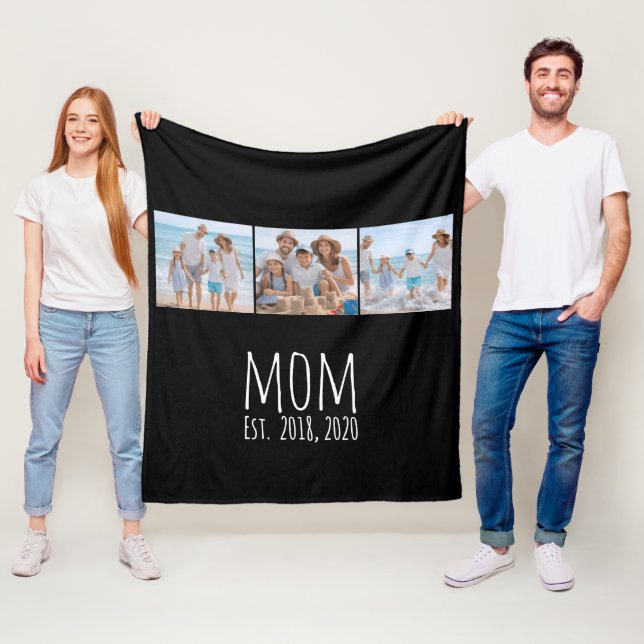Mom Established Elegant Script Black 3 Photo  Fleece Blanket (In Situ)