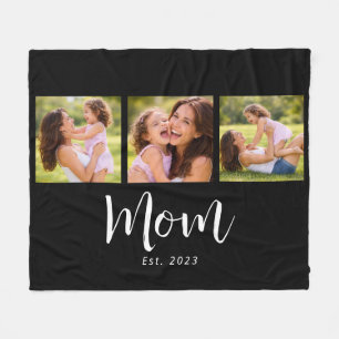 Mom Established Elegant Script Black 3 Photo Fleece Blanket